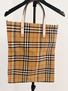 Burberry Beige Plaid Shoulder Tote with Cream Handles